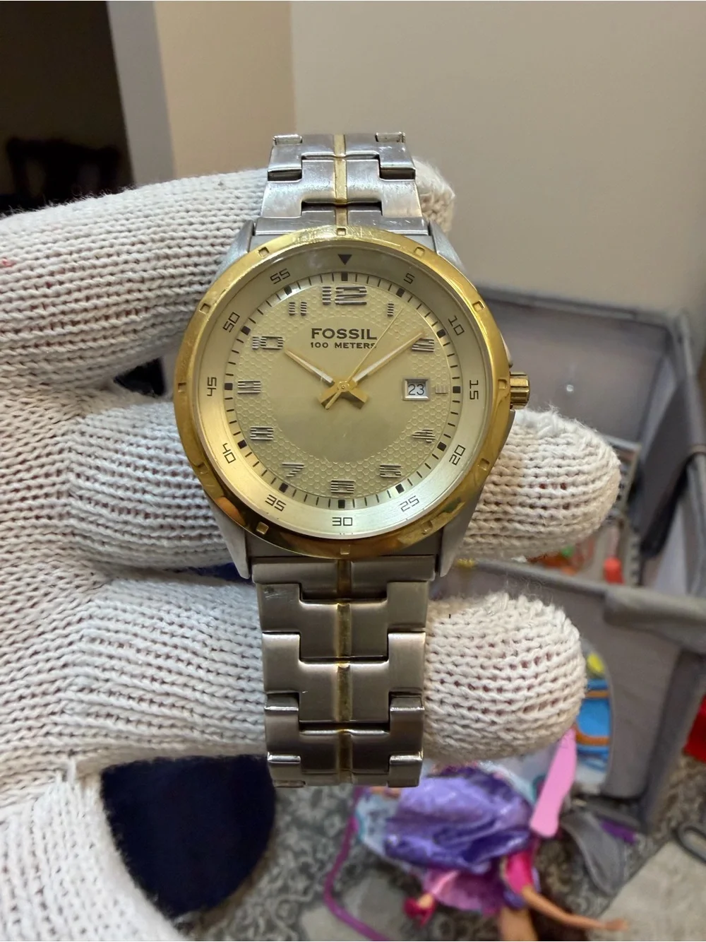 Fossil PR-5363 Men's 100M Two-Tone Stainless Steel Gold Honeycomb Dial Watch
